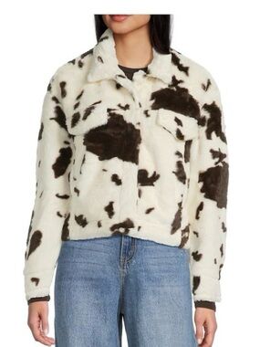 Stoosh Cow-Print Faux Fur Jacket in White & Brown